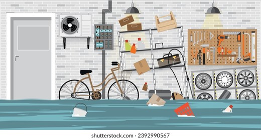 Flooded interior storage room with metal shelf, storage box on the wall, flood conceptual vector illustration.