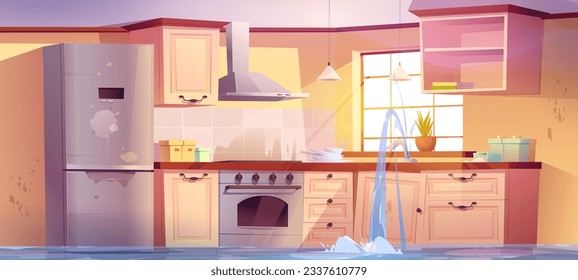 Flooded kitchen with water leaking from damaged faucet. Vector cartoon illustration of messy dining room with wet furniture, sewage flow from old clogged pipe, dirty dishes near sink, mold on wall