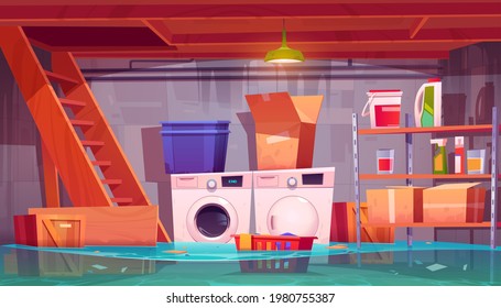 Flooded laundry in basement, water leakage in home cellar interior with washing and dryer machines, detergents on shelves, basket with dirty linen and carton boxes, flood, Cartoon vector illustration