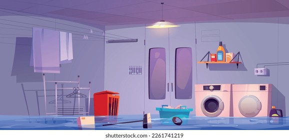 Flooded laundry room. Basement floor of house wet by accident. Cartoon vector background with entrance to damage storeroom with basket, detergent, furniture and dryer. Need to repair washing machine.