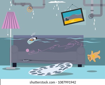 Flooded living room in a house with leaky pipes and roof, EPS 8 vector illustration
