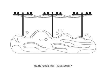 Flooded power lines monochrome flat vector object. Flood. Utility poles Editable black and white thin line icon. Simple cartoon clip art spot illustration for web graphic design