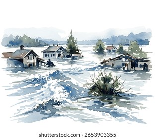 Área residencial inundada, com casas parcialmente submersas em águas ascendentes ilustração vetor em estilo aquarela. Catástrofe natural e impacto ambiental das inundações. Conceito de alterações climáticas