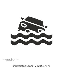 flooded road icon, flood car, natural disaster, auto in water waves, flat symbol on white background - vector illustration