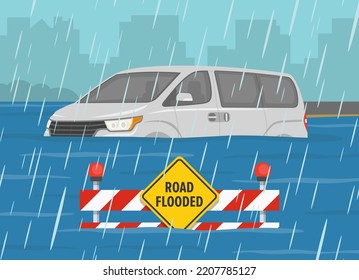 Carretera inundada y condiciones meteorológicas lluviosas. Vehículo parcialmente sumergido y señal de advertencia con barrera en un camino inundado. Plantilla de ilustración vectorial plana.