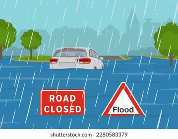 Flooded road and rainy weather conditions. Partially submerged suv and warning signs. Flat vector illustration template.