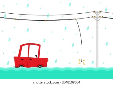 Flooded Road Vector. Road Flooding. A Car Trying To Drive Against Flood On The Street. Electric Poles Flood. Broken Electric Pole Vector.