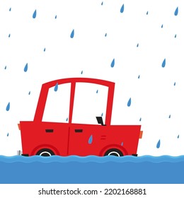 Flooded road vector. Road flooding. A Car trying to drive against flood on the street.