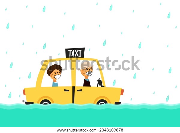 Flooded road vector. Road flooding. A Taxi\
trying to drive against flood on the\
street.