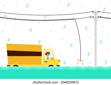 Flooded Road Vector. Road Flooding. A Truck Trying To Drive Against Flood On The Street. Electric Poles Flood. Broken Electric Pole Vector.