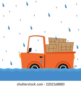 Flooded road vector. Road flooding. A truck trying to drive against flood on the street.