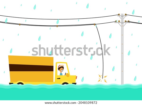Flooded road vector. Road flooding. A truck\
trying to drive against flood on the street. Electric poles flood.\
Broken electric pole\
vector.