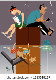 Flooded room in a house with leak in the roof, parents sitting on a closet, kid snorkeling, EPS 8 vector illustration, no transparencies
