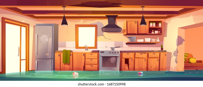 Flooded Rustic Kitchen, Abandoned Empty Interior With Broken Wooden Furniture And Cracked Walls And Dirty Stuff Table, Oven, Range Hood, Fridge Decrepit Cooking Equipment, Cartoon Vector Illustration