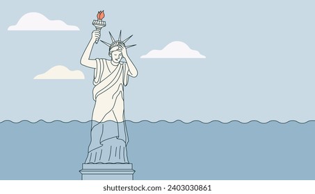 The flooded Statue of Liberty stands in the water. Rising water levels in the ocean, sea, lake, river. Drowned cities and coastal zone. Water submerged the city. Flood in the city vector flat concept 