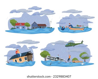 Flooding area rescuers helping to move people out disaster damage set vector flat illustration. Man and woman emergency water stream house city street rescue rain storm weather environmental distress