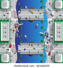 Flooding in the city center. View from above. Vector illustration.