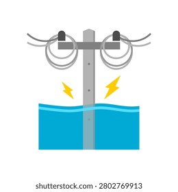 Flooding of electric pole cause danger electrocution risk icon flat vector design