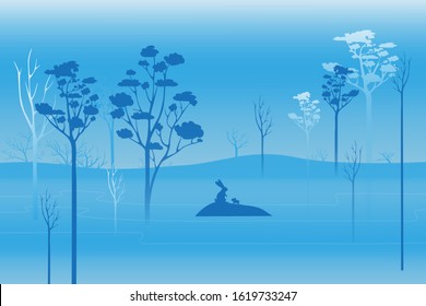 Flooding in the forest. Hares escape from high water on an island of land. Vector