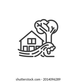 Flooding house line icon. linear style sign for mobile concept and web design. Flood disaster outline vector icon. Symbol, logo illustration. Vector graphics