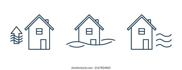 Flooding of houses due to rising sea levels. Flood icons set.