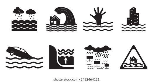 Flooding icon set. Flat monochrome icons set of various types of natural disasters, Various hazards caused due to heavy rainfall. vector,