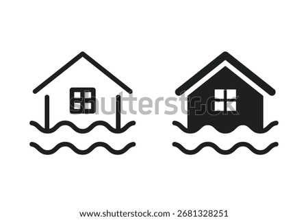 Flooding icon set. Natural disaster icon set. Home with flood icon. Home flooding, damaged roof, storm, rising water levels icon.