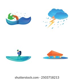 Flooding icons set cartoon vector. Man, house and plant during rain flood. Natural disaster, cataclysm