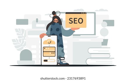 La señora que se inunda sostiene una nube de información y un servidor. Sincronización y seguridad del concepto de capacidad de información. Estilo de moda, Ilustración vectorial
