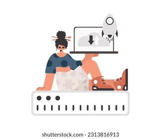 The flooding lady is holding a obliging workstation, which is synchronized with the information capacity. Kept. Trendy style, Vector Illustration