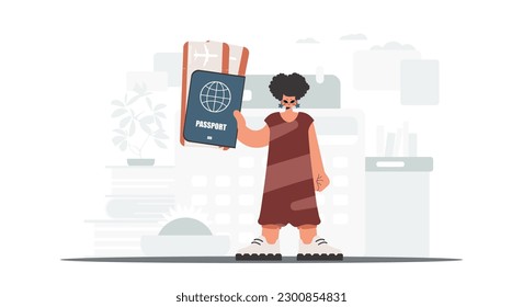 The flooding lady holds a visa and see at tickets in his hands. The concept of rest and travel. Trendy style, Vector Illustration