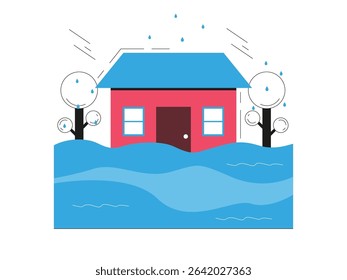 Flooding in residential areas due to heavy rain, social issues for citizen. Character design. Vector flat illustration
