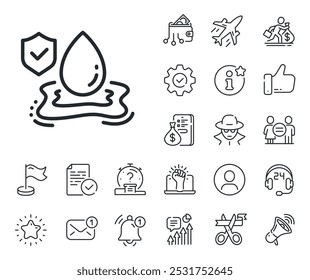 Flooding risk coverage sign. Salaryman, gender equality and alert bell outline icons. Flood insurance line icon. Water drop protection symbol. Flood insurance line sign. Vector