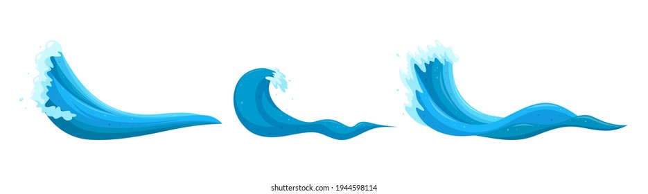 Flooding tsunami waves set. Rising water for big wave surfing. Cartoon vector illustration isolated in white background