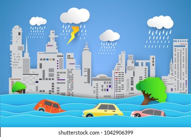 flooding water in city , Rain and flood concept 