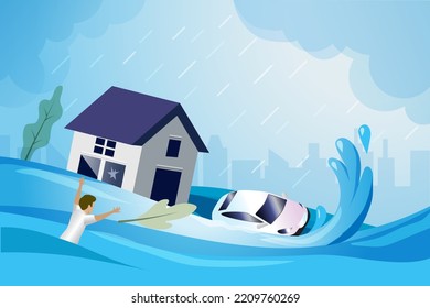 Flooding wave from raining storm typhoon take away house, car and flood victim in city. Nature disaster, Tsunami and catastrophic caused by climate change and global warming.