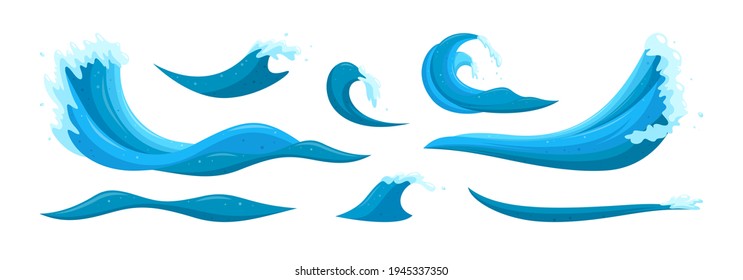 Flooding waves and tides elements. Set of waves causing destruction and ruining safety. Cartoon vector illustration isolated in white background