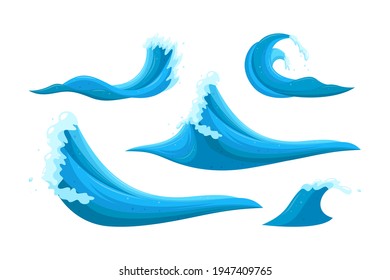 Flooding waves and tides elements. Set of waves causing destruction and ruining safety. Cartoon vector illustration isolated in white background