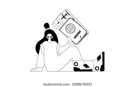 The flooding woman is holding a visa with conversation around tickets. Tourism subject. Pitiful and white line craftsmanship. Trendy style, Vector Illustration