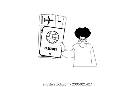 The flooding woman is holding a visa with exchange around tickets. Tourism subject. Pitiful and white line craftsmanship. Trendy style, Vector Illustration