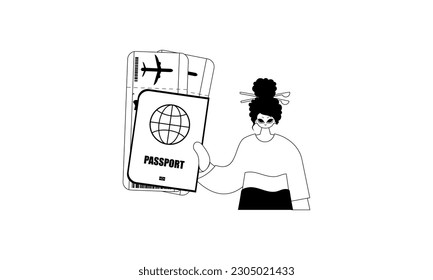 The flooding woman is holding a visa with exchange around tickets. Tourism subject. Pitiful and white line craftsmanship. Trendy style, Vector Illustration