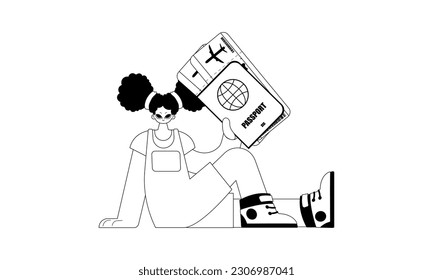 The flooding woman is holding a visa with talk around tickets. Tourism subject. Pitiful and white line craftsmanship. Trendy style, Vector Illustration