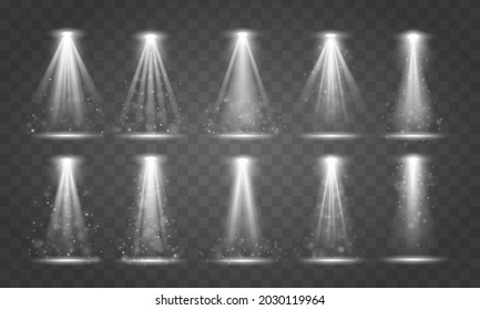 Luz de las inundaciones. Luces luminosas con focos en fondo transparente. Escena de la ceremonia de premiación. Conjunto de foco blanco brilla en el escenario, escena, podio. Pedestal. Ilustración vectorial.