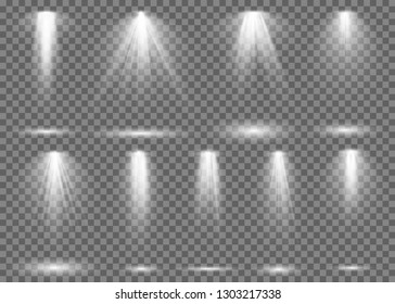 Floodlight. Light spotlight stage beam, spot lamp projection studio lights beam concert club show scene illumination vector collection