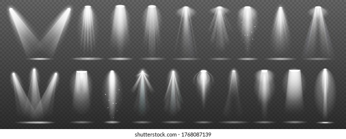 Floodlight or spotlight for stage, scene or podium. White lightning collection set isolated on transparent background. Illumination or bright shine for night event vector illustration