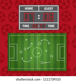 Floodlighting soccer field scoreboard. Football or soccer game strategy plan