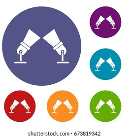 Floodlights icons set in flat circle reb, blue and green color for web