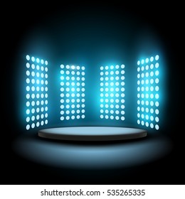 Floodlights and round podium, vector illustration