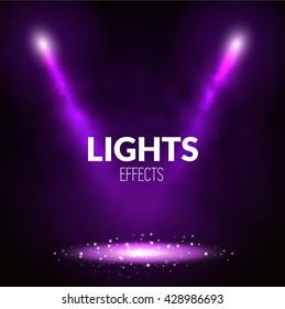Floodlights spotlights illuminates scene with glowing particles. Show theater, dance, presentation illustration.