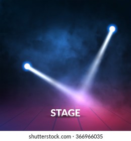 Floodlights spotlights illuminates wooden scene. Vector illustartion.
